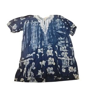 Indigo Batik Dress  Lace Boho Short Sleeve Cover-Up | Beach ‎ Caftan Tunic